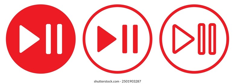 Play pause icon set. Music audio or video start and pause button vector symbol in red filled and outlined style. Vector illustration. EPS 10.