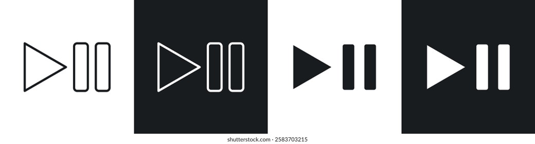 Play pause icons collection in black and white filled and line versions