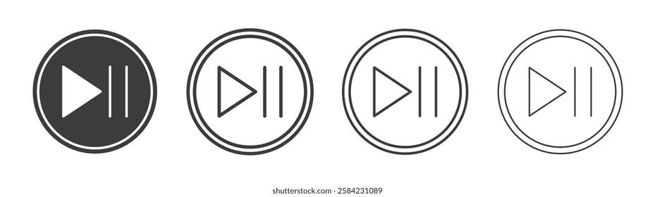 Play pause icons set. Liner outlined and flat black color