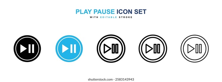 Play pause icons vector collection in black and blue colors on white background