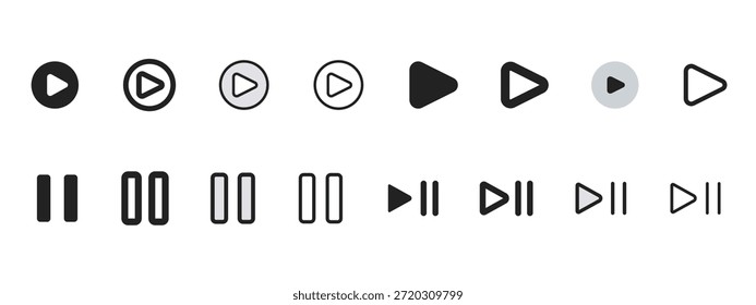 reproduzir e pausar ícones de controle de mídia conjunto preenchido e contorno para interface do usuário do player de música de vídeo