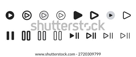 play and pause media control icons set filled and outline for video music player ui