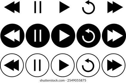 tocar, pausar, repetir, próximo e anterior, conjunto de ícones do player de música. coleção de símbolos multimídia. símbolo do player de música. ideal para interfaces de controle de mídia.