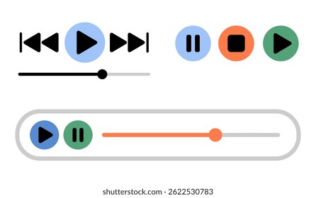 Reproducir, pausar y rebobinar Botones, ecualizador. Música, interfaz de sonido