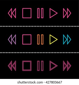Play Pause Rewind FastForward Stop Symbols - Three Variants Colourful Outlines Style - Infographic Silhouette Style