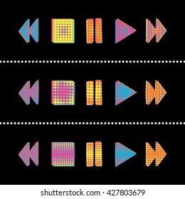 Play Pause Rewind FastForward Stop Symbols - Three Variants of Pop Art Comics Style - Infographic Silhouette Style