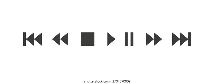 Play Pause Stop button icon, black signs, musical geometric silhouette isolated on white background. Vector illustration.