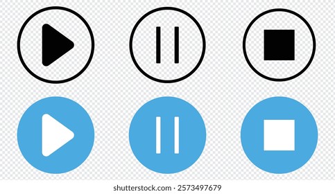 Play, pause and stop icon, media button icon set. Media Player Buttons. Player button symbol. isolated on transporant background.