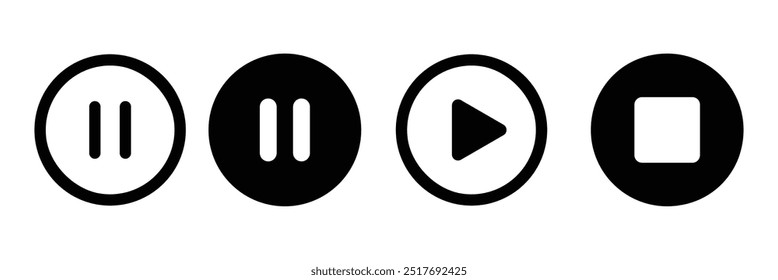 ícones reproduzir, pausar e parar, botão. Conjunto de ilustrações dos ícones de controle do Media Player.