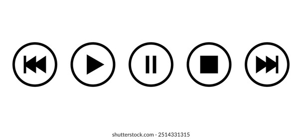 Reproducir, pausar, detener, anterior y siguiente ícono de pista en la línea circular. Concepto de reproductor multimedia