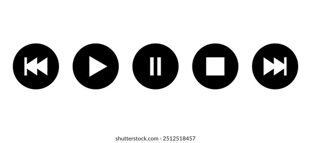 Reproducir, pausar, detener, pista anterior y siguiente icono en el círculo negro. Concepto de reproductor multimedia