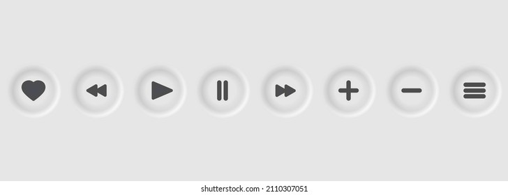 Play, pause, stop, record, forward, rewind, previous, next buttons icon set. Collection of multimedia symbols, media player buttons. Neumorphism style. Vector EPS10 Isolated on white background