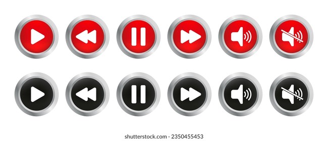 Play, pause, stop, record, forward, rewind, previous, next buttons icon set. Collection of multimedia symbols, media player buttons. Isolated on white background. Vector illustration