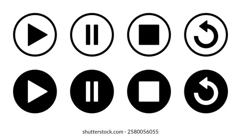 Play, pause, stop, and repeat icon on black circle