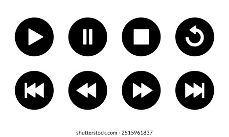 Symbol für Wiedergabe, Pause, Stopp, Wiederholung, vorherige und nächste Schaltfläche. Media Player Control-Konzept