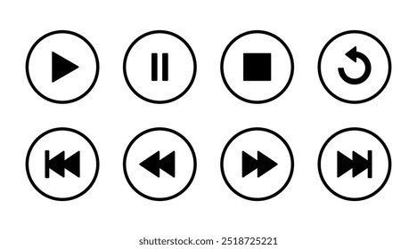 Reproducir, pausar, detener, repetir, anterior y siguiente icono de Botón en la línea circular