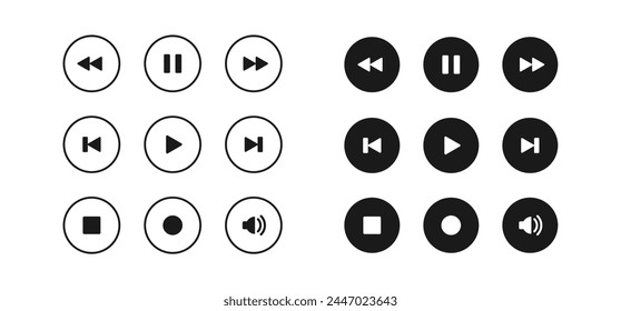 Vektorgrafik abspielen und pausieren Symbolsatz. Media Player-Buttone. Audio- oder Video-Multimediasymbole Digitale Steuerzeichen isoliert. Umriss runder schwarzer Sound und Lautstärkeregler.