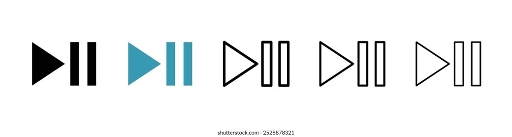 Reproduzir ícone de vetor de pausa definido em cores pretas e azuis.