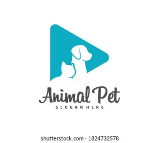 Play Pet Logo dog cat design vector template. Animals Veterinary clinic Logotype concept outline icon.