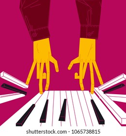 PLAY THE PIANO UNTIL THE KEYS JUMP. HANDS OF PIANIST WITH VERY LONG FINGERS.
Serie of funny illustrations with cool musicians and instruments.