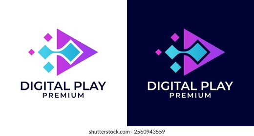 Play pixel logo design template. Media play logo with pixel design element. Vector logo of digital, data, play, pixel, video, arrow, forward, marketing, vector, connection.