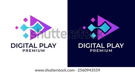 Play pixel logo design template. Media play logo with pixel design element. Vector logo of digital, data, play, pixel, video, arrow, forward, marketing, vector, connection.