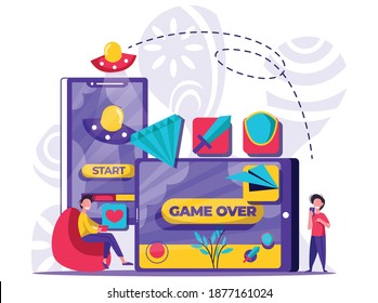 juegue juegos populares a través de sus respectivas consolas. Concepto de juegos Ilustración de la gente pequeña. Ilustración del vector