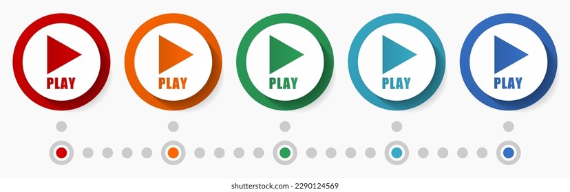 Play, proceed concept vector icon set, flat design colorful buttons, infographic template in 5 color options