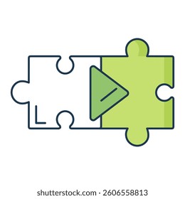 Play Puzzle Piece Icon representing media content integration, problem solving, and solution strategy.