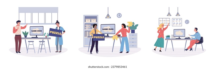 Play puzzle vector illustration. Enjoy good game brings gladness and satisfaction Engaging in nice activity can bring about merry and cheerful mood Solving jigsaw puzzle requires smart thinking