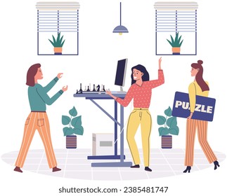 Play puzzle vector illustration. The joy gaming comes from interactive and immersive experience Enjoy fun and excitement playing game with friends Playing puzzles can be satisfying and intellectually