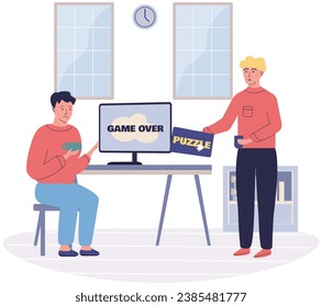 Play puzzle vector illustration. Playing games with friends can create nice and enjoyable bonding experience Engage in merry activities bring cheer and laughter The play puzzle concept encourages