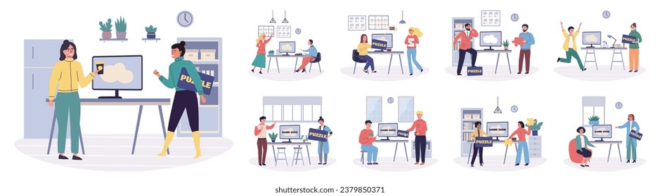 Play puzzle vector illustration. Solving jigsaw puzzle requires smart thinking and unusual strategies Playing games brings joy and allows for break from routine activities Enjoy gaming experience
