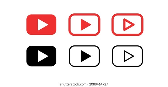 Wiedergeben der roten Button-Symbole. Video- und Musikspielsymbol. Das Dreieck innerhalb des Rechtecks ist ein Symbol des Mediaplayer. Video- und Audio-Multimedia-Wiedergabe. Einzige Vektorgrafik auf weißem Hintergrund.