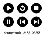 Play, replay, stop, pause, previous, and next track icon on black circle