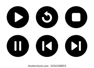 Play, replay, stop, pause, previous, and next track icon on black circle