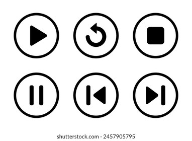 Play, replay, stop, pause, previous, and next track icon on circle line