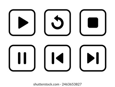 Play, replay, stop, pause, previous, and next track icon on square line