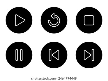 Play, replay, stop, pause, previous, and next track icon on black circle