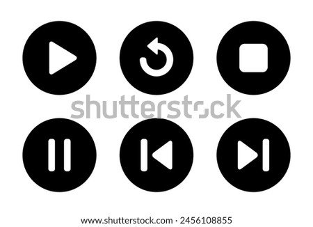 Play, replay, stop, pause, previous, and next track icon on black circle