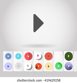 Play or right navigation icon and buttons set in different design styles. Big round collection