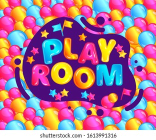 Play room banner for fun kids game zone, cute text sticker with confetti on colorful bubble background. Child balloon pit or activity park sign - children entertainment center vector illustration