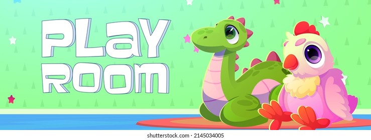 Play room cartoon banner with cute kids plush toys dinosaur and chicken on wallpaper background. Invitation flyer to child area, kindergarten, baby nursery day care center, Vector illustration