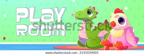 Play room cartoon banner with cute kids plush toys dinosaur and chicken on wallpaper background. Invitation flyer to child area, kindergarten, baby nursery day care center, Vector illustration.