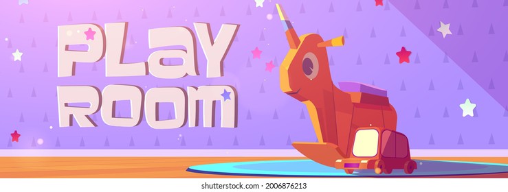 Play room cartoon banner with kids wooden toys rocking unicorn and car on cute baby wallpaper background. Invitation to child area, kindergarten, nursery day care center, vector web banner
