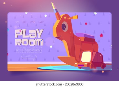 Play room cartoon landing page with kids wooden toys rocking unicorn and car on cute baby wallpaper background. Invitation to child area, kindergarten, nursery day care center, vector web banner