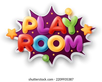 Play room cartoon logo on white background. Vector illustration of kids zone and children's game banner with colorful letters.