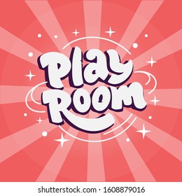 Play room logo for Kids zone with rays. Hand drawn lettering composition in 3d cartoon style for childrens area. Design for poster, background, postcard, banner, signboard. 