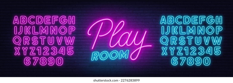 Play Room neon sign on brick wall background.