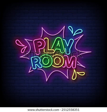 play room neon sign vector with brick wall background 